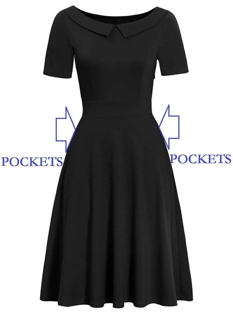 HELYO 1950s 40s Dresses for Women Elegant Vintage Casual Peter Pan Collar Work Funeral Party A-Line Dress with Pockets 978 (Solid Black, M) - Image 4